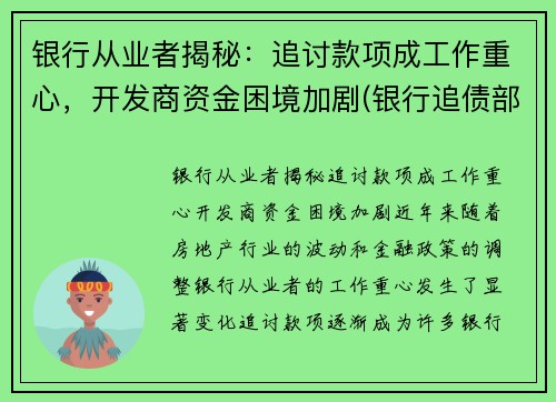 银行从业者揭秘：追讨款项成工作重心，开发商资金困境加剧(银行追债部门)