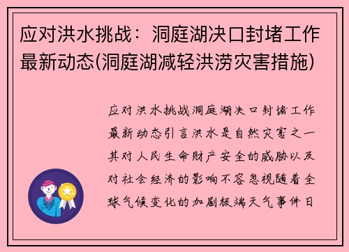 应对洪水挑战：洞庭湖决口封堵工作最新动态(洞庭湖减轻洪涝灾害措施)