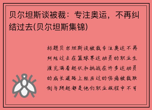 贝尔坦斯谈被裁：专注奥运，不再纠结过去(贝尔坦斯集锦)